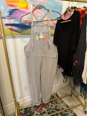 aerie Gray Ribbed Crossback Overalls size small boho lightweight